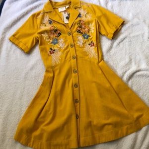 Mustard yellow button down dress with embroidery